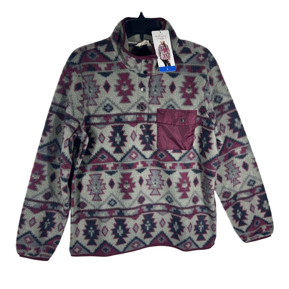 Weatherproof Vintage Womens L Fleece Pullover Southwestern Snap‎ Mock Neck NWT